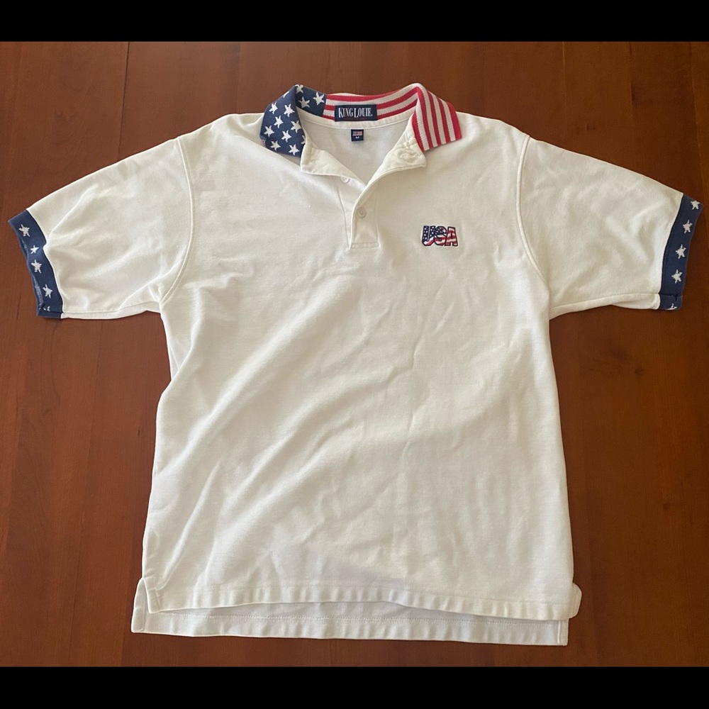 Men’s VTG USA Flag White Polo Shirt Stars & Stripes Medium
